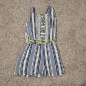 Little Lass Blue Striped Lace Belted Kids Romper Size 3t